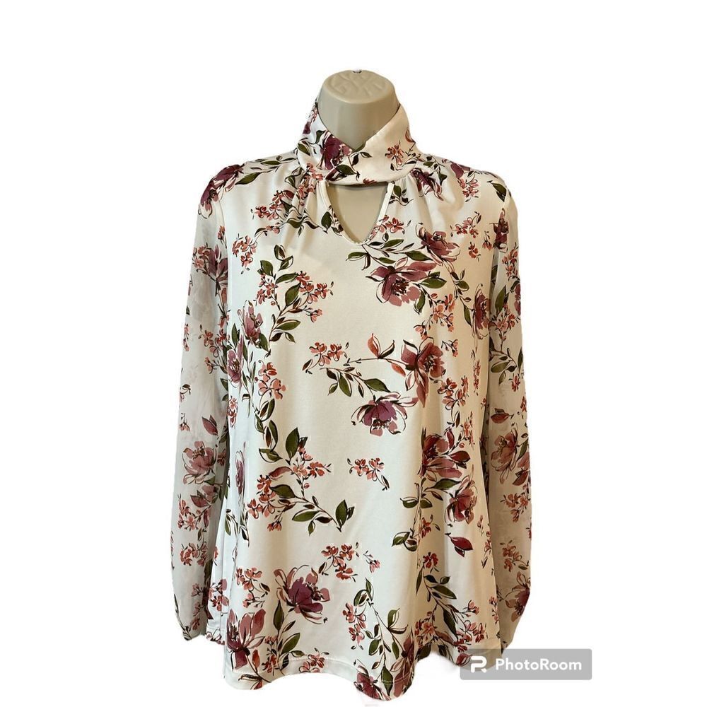 Women’s business casual floral, print top keyhole mock neck chiffon sleeves size